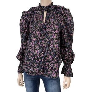 Free People Shirt Women XS Black Pink Floral Long Sleeve Button Down Top Y2K